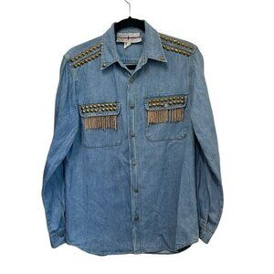 Vintage Robin Berry Women's S Denim Button Down Shirt Studded Tassles Western